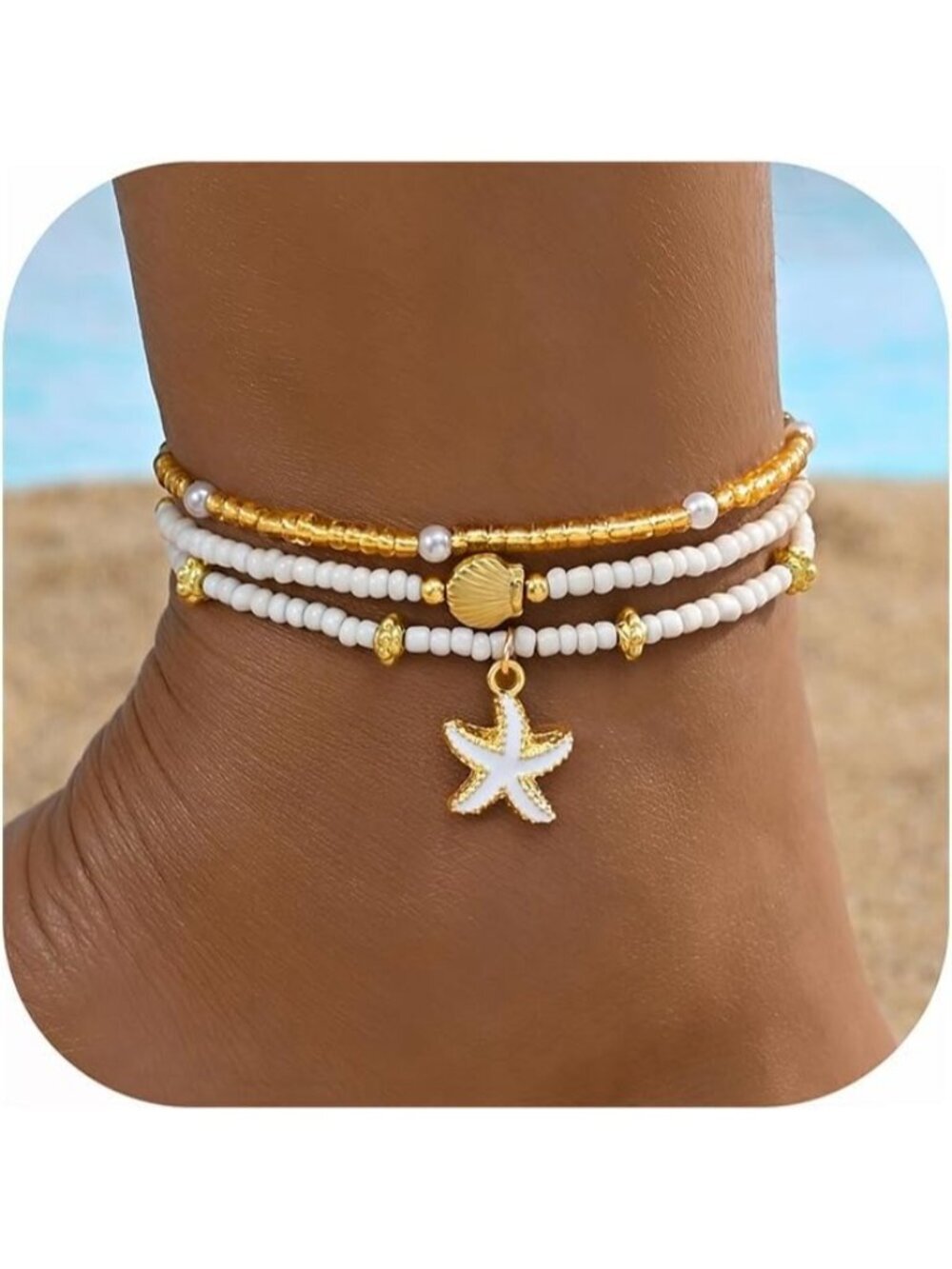 Women's Gold And White Waterproof Cuban Link Chain Layered Anklet Bracelets